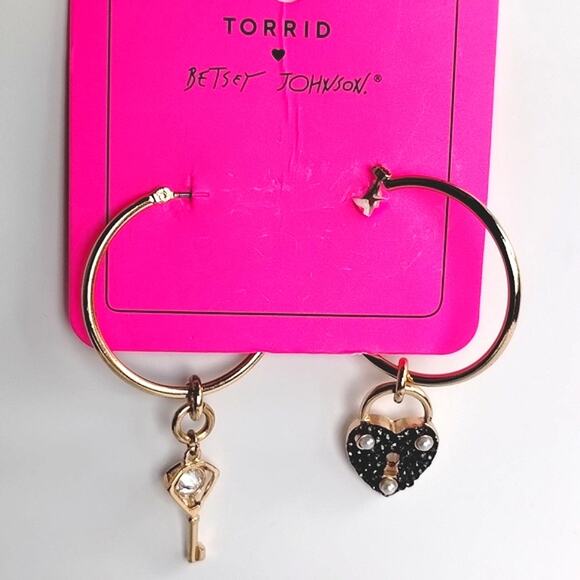 TORRID & Betsey Johnson Momento Mori Gold Hoop Heart Lock + Key Earrings - Picture 3 of 12